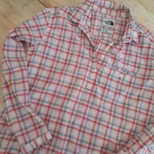 North Face Organic Cotton Plaid Long Sleeve Outdoor Pull Over Shirt S Pink Blue